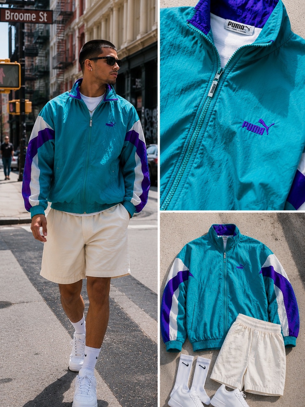 Vintage Puma Men’s Medium Teal Purple Colorblock Windbreaker Jacket 90s Street